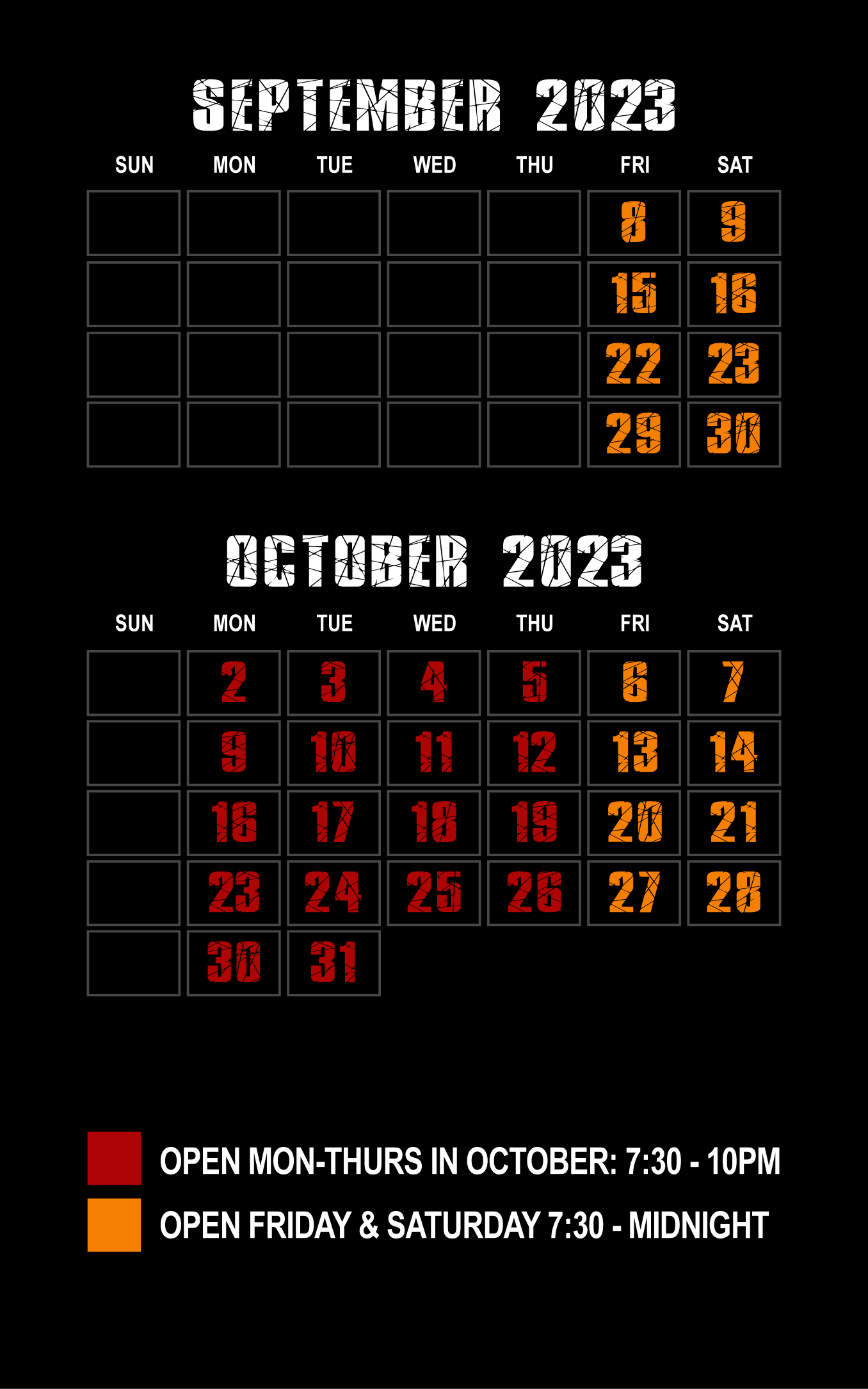 Haunted House Schedule for September and October 2023