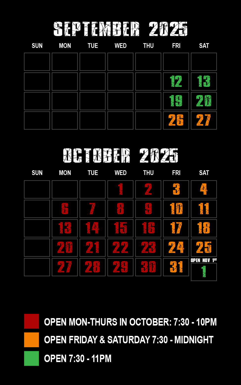 Haunted House Schedule for September and October 2025 Idaho Haunted House Schedule