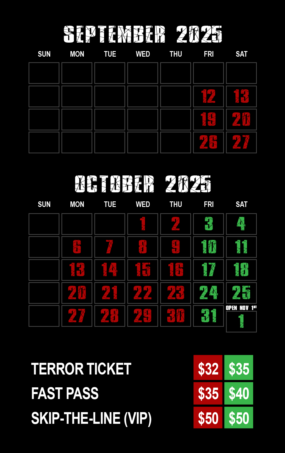 Haunted House Schedule for September and October 2025 Idaho Haunted House Schedule